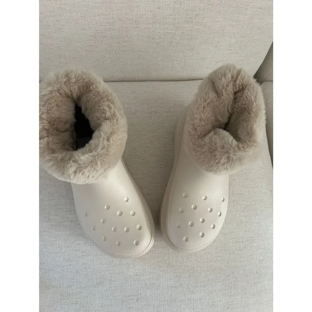 Crocs Stomp Lined Boots Faux Fur Trimmed US, Stucco, Size 11, NWOT